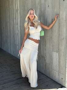 Bộ đồ mùa xuân/hè mới: Áo tank top cổ chữ V thắt nút kiểu Pháp, váy midi/chân váy xếp ly gợi cảm cho nữ, phong cách boho & bohemian thanh lịch. - Màu be - Xem 9