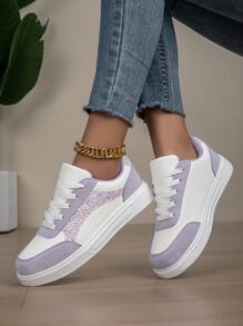 新款春季圆头系带淡紫色女鞋，休闲时尚舒适运动鞋