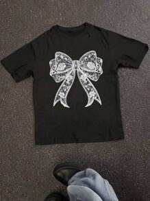 Camiseta casual diaria sencilla de mujer con cuello redondo, mangas cortas, estampado de lazo de encaje