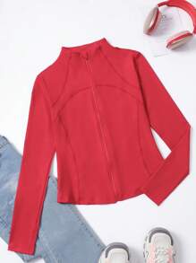 Chaqueta deportiva de manga larga con cremallera, de unicolor, con ojales para el pulgar, ajuste ceñido para fitness, yoga, correr