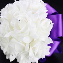 Artificial Wedding Bride Bouquet Handheld Bridesmaid Flower With Ribbon - Purple - View 4