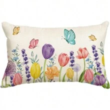 1 PIEZA Funda de cojín decorativa de primavera con flores de tulipán, lavanda, eucalipto y mariposas, de 12 in * 20 in, para sofá, sin relleno