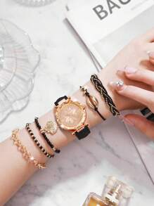 LIANDU LIANDU 女士手表 1 件休闲时尚全钻表盘石英表和 5 件波西米亚风手链套装女士手表适合女性派对、节日、生日佩戴或作为姐妹，是送给女士的最佳礼物（无盒） - 黑色 - 查看 2