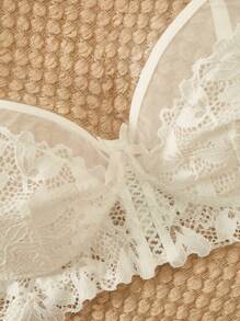 Sexy Lingerie, Women's Fashion Floral Lace Lingerie Set, Cup Bra And Thong Underwear - White - View 3