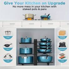 1 pieza Organizador de estante para ollas, Organizador de 8 niveles para ollas y sartenes para organización y almacenamiento de cocina, Soportes ajustables para tapas de ollas y estante para sartenes, Organizador de tapas para ollas y sartenes con 3 métodos de bricolaje - Negro - Ver 6