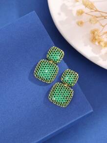 1 Pair Square Design With Cubic Zirconia Stud Earrings, Suitable For Women's Daily Wear