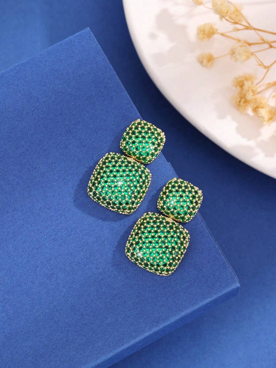 1 Pair Square Design With Cubic Zirconia Stud Earrings, Suitable For Women's Daily Wear