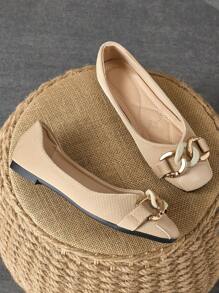 Women's Versatile Square Toe Loafers, Soft Sole Casual Flats, Fashion Metal Chain Decorated Elegant French Style Slip-On Shoes - Khaki - View 3