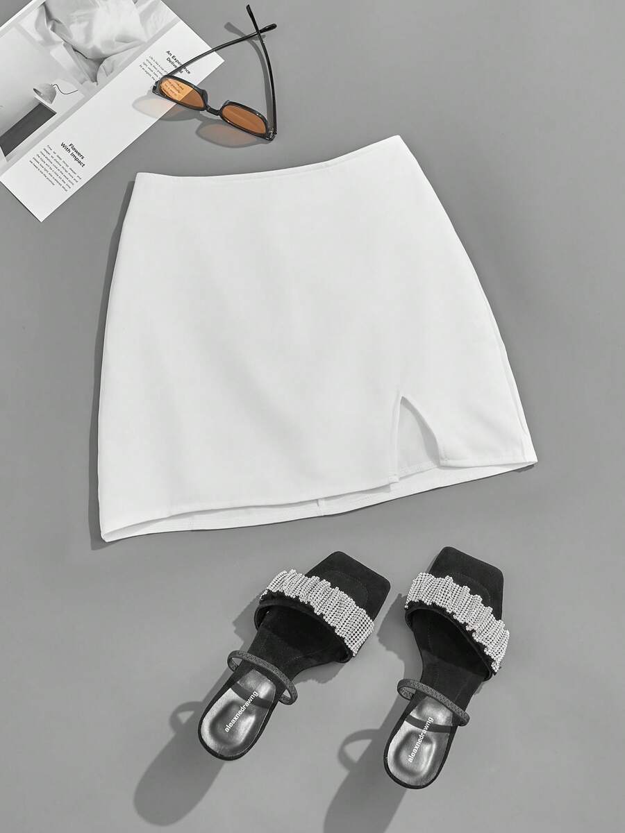 Minifalda blanca lisa para mujer, falda informal de verano con abertura lateral, falda de corte A, adecuada para citas, fiestas, trabajo y escuela. - Blanco - Ver 1