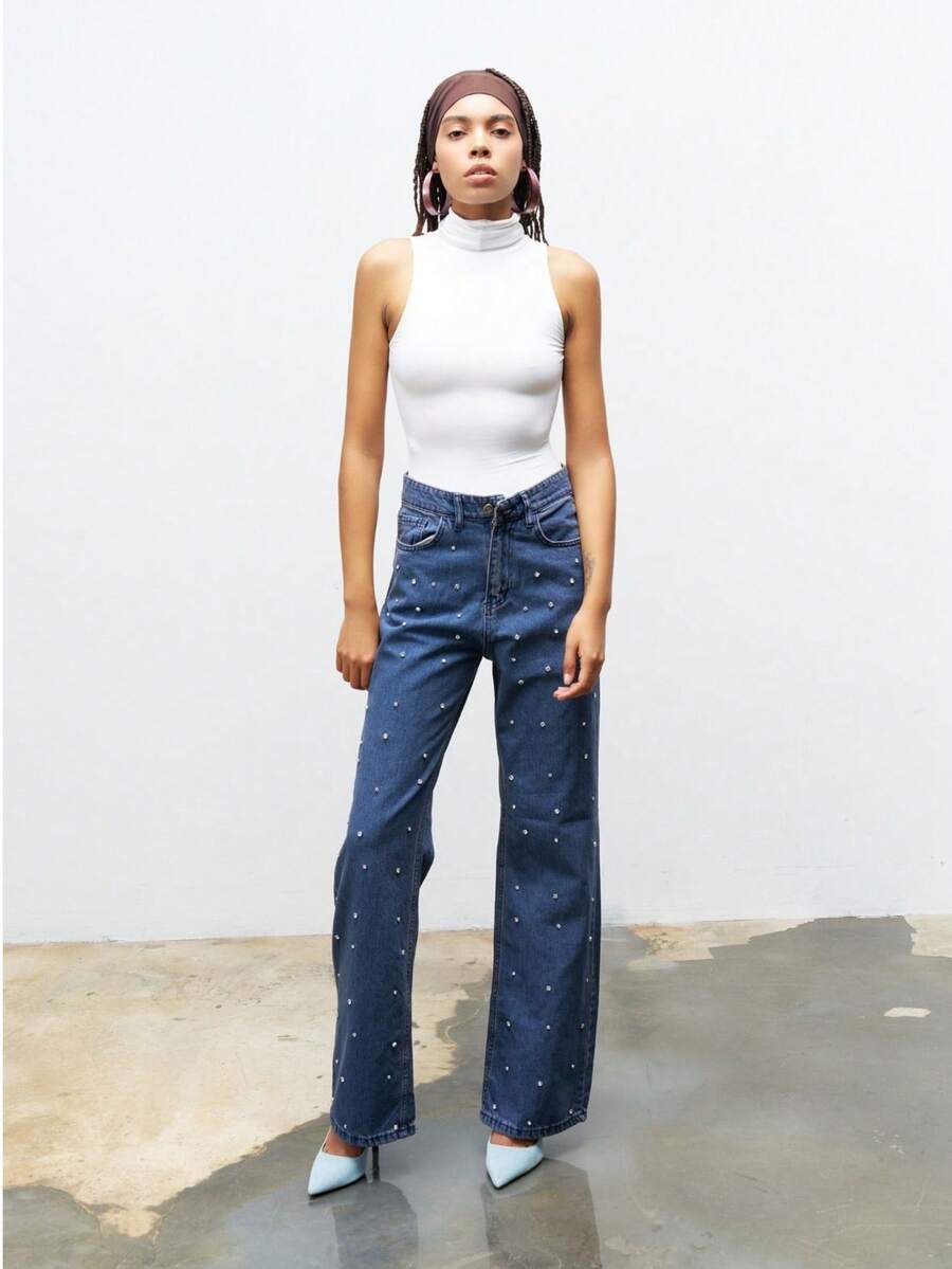 Damen Gerade Jeans aus gewaschener Denim mit Perlen, ideal für Bürooutfits von Frauen - Blau - Übersicht 1
