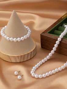 4 pièces Ensemble de bijoux mode et élégant composé de boucles d'oreilles à perles de nacre, d'un collier et d'un bracelet