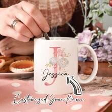 1Pc Custom Floral Letter Cup, Custom Mug, Custom Letter Coffee Cup - Design Custom Cup, Ceramic Cup, Novelty Cup, White Tea Cup, Summer And Winter Drinks, Birthday Gift, Family Party Gift, Holiday Gift, For Family/Colleagues/Friends, Mildew-Proof, Reusable Exquisite, Cute, Modern, Simple Custom, Personalized, Unique Ideal Gift For Him/Her, Multi-Functional, Durable, Ornamental, Reusable, Exquisite, Stylish, High-Quality, Ideal Gifts For Him, Ideal Gifts For Her, Home Refresh