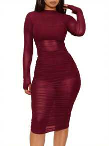 3 Pieces Suit Set, Female Solid Color O-Neck Long Sleeve See-Throught Dress+ Vest+ Shorts For Summer, S/M/L/XL/XXL/XXXL - Burgundy - View 2