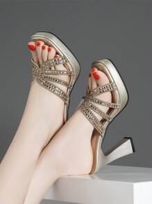 Women's Summer New High Heel Sandals, Thick Heel Waterproof Platform Metal Decor Transparent Open Toe Slides