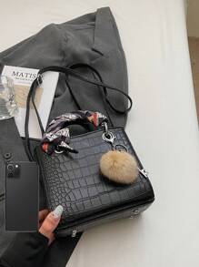 Crocodile Grain Versatile Shoulder Messenger Bag, Fashionable Handheld Small Square Bag - Black - View 5