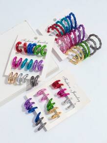 1 Set Of 9 Pairs Fashion Metal-Color Acrylic Asymmetrical C-Shape Hoop Earrings Set, Suitable For Daily Wearing For Women