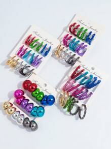 1 Set Of 9 Pairs Fashion Metal-Color Acrylic Asymmetrical C-Shape Hoop Earrings Set, Suitable For Daily Wearing For Women