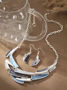 1 Set (2pcs) Bohemian Style Minimalist Elegant Khaki & Blue Dripping Oil Zinc Alloy Geometric Decorated Jewelry Set - Necklace & Earrings, Suitable For Women Daily Wear, Party, Holiday, Gift