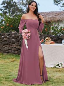 EVERPRETTY Elegant Spring Sweetheart Neck Off Shoulder Split Thigh Chiffon Dusty Pink Bridesmaid Dresses Formal Dress