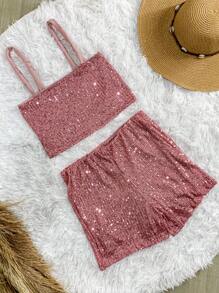 Women's Sequin Shorts Set With Pockets, Cropped Top And Straps For Bloggers,Carnival - Berwarna merah muda - View 1