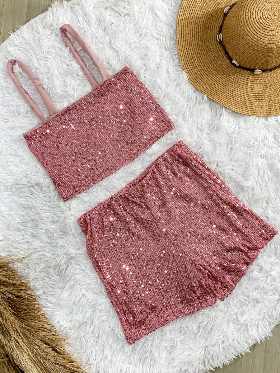 Women's Sequin Shorts Set With Pockets, Cropped Top And Straps For Bloggers,Carnival - Berwarna merah muda - View 1