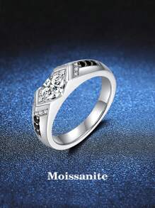 BLOVEMEE 5*10mm 1 克拉黑白莫桑石单石戒指，男女通用优雅 925 银订婚结婚戒指，浪漫时尚的设计，男女皆宜的创意礼物，适合新年、圣诞节、教师节、母亲节 - 銀色 - 查看 1