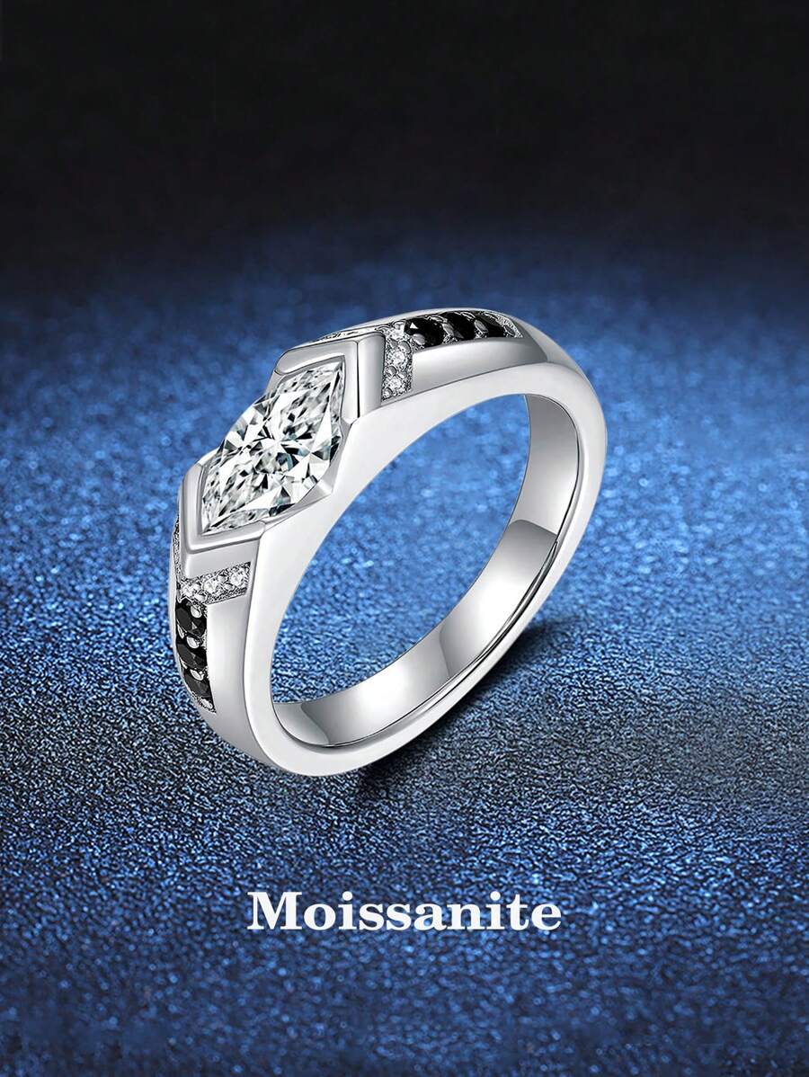 BLOVEMEE 5*10mm 1 克拉黑白莫桑石单石戒指，男女通用优雅 925 银订婚结婚戒指，浪漫时尚的设计，男女皆宜的创意礼物，适合新年、圣诞节、教师节、母亲节 - 銀色 - 查看 1