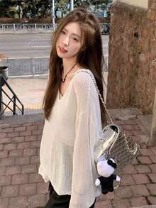 Women's Hollow Out Knit Cover Up, Loose Fit Summer Lightweight Cover Up Top, Vertical Stripe V-Neck Design, Semi-Sheer