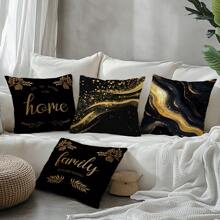 4pcs Set Simple Black & Gold Marble Texture Home Cushion Cover, Single-Sided Printed Peach Velvet Material, 45*45CM/18*18inch Throw Pillow Case Suitable For Modern Minimalist Sofa, Living Room Decor, Gift, Party Decoration