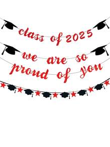 We Are So Proud Of You Banner, Red And Black Class Of 2025 Banner Bunting, Graduation Caps Garland For Graduation Party Decorations 2025