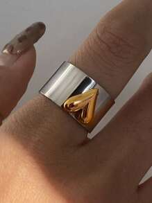 Minimalism Gold And Silver Color Large Heart Cocktail Ring Adjustable Y2k Heart Cuff Ring In Two-Tone Mixed Metals Jewelry - Gold - View 10