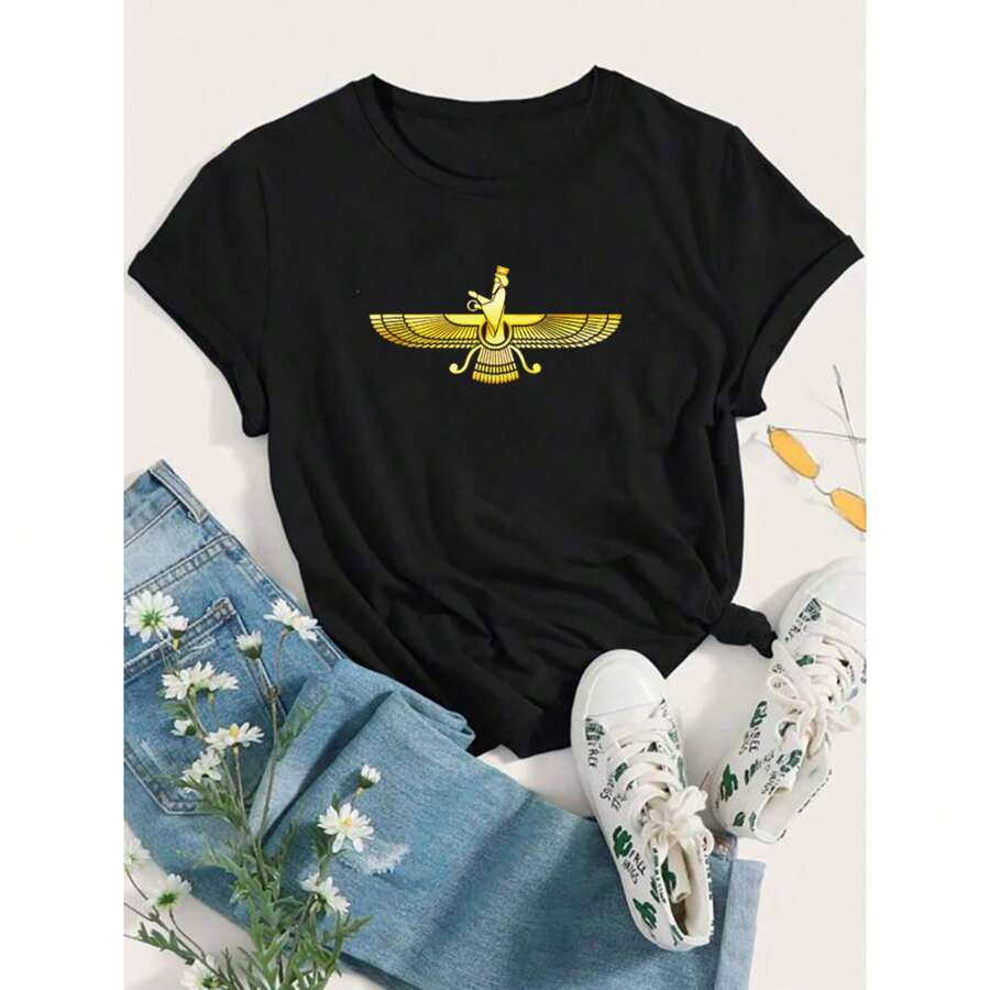 Faravahar Nationalism Symbol Zoroastrianism T-Shirt Teen Clothes Graphic Teest-Shirts Womens Graphic Tshirts Womens - 黑色 - 查看 1