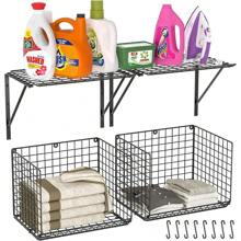 2 Pack Laundry Room Shelves, Wire Baskets With 8 Hooks, Over Washer And Dryer Shelf, Wall Mounted Storage And Clothes Drying Rack, Black,Spring,Minimalist,Summer Tops