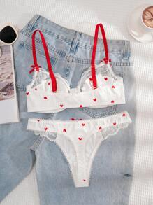 1 Set Women Solid Color Heart Print Red Strap Front Hook Bra And Panty Set, Comfortable Lingerie - White - View 2