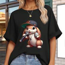 Easter Singing Rabbit Printed Short Sleeve Large Round Neck T-Shirt Sports Short Sleeve Round Neck T-Shirt Women's Top