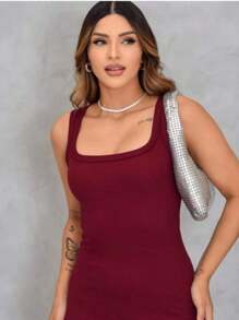 Casual Midi Ribbed Tank Dress In Premium 100% Cotton - Burgundy - View 5