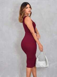 Casual Midi Ribbed Tank Dress In Premium 100% Cotton - Burgundy - View 4