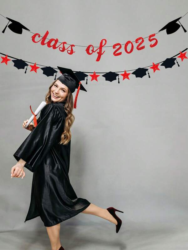 We Are So Proud Of You Banner, Red And Black Class Of 2025 Banner Bunting, Graduation Caps Garland For Graduation Party Decorations 2025