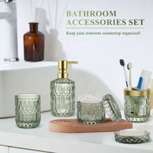 5PCS Bathroom Clear Glass Accessories Set (Lotion Soap Dispenser, Soap Dish, Toothbrush Holder, Tumbler, Cotton Swab Jar), Contemporary Modern Decor Crystal Vintage Gift - 綠色 - 查看 2