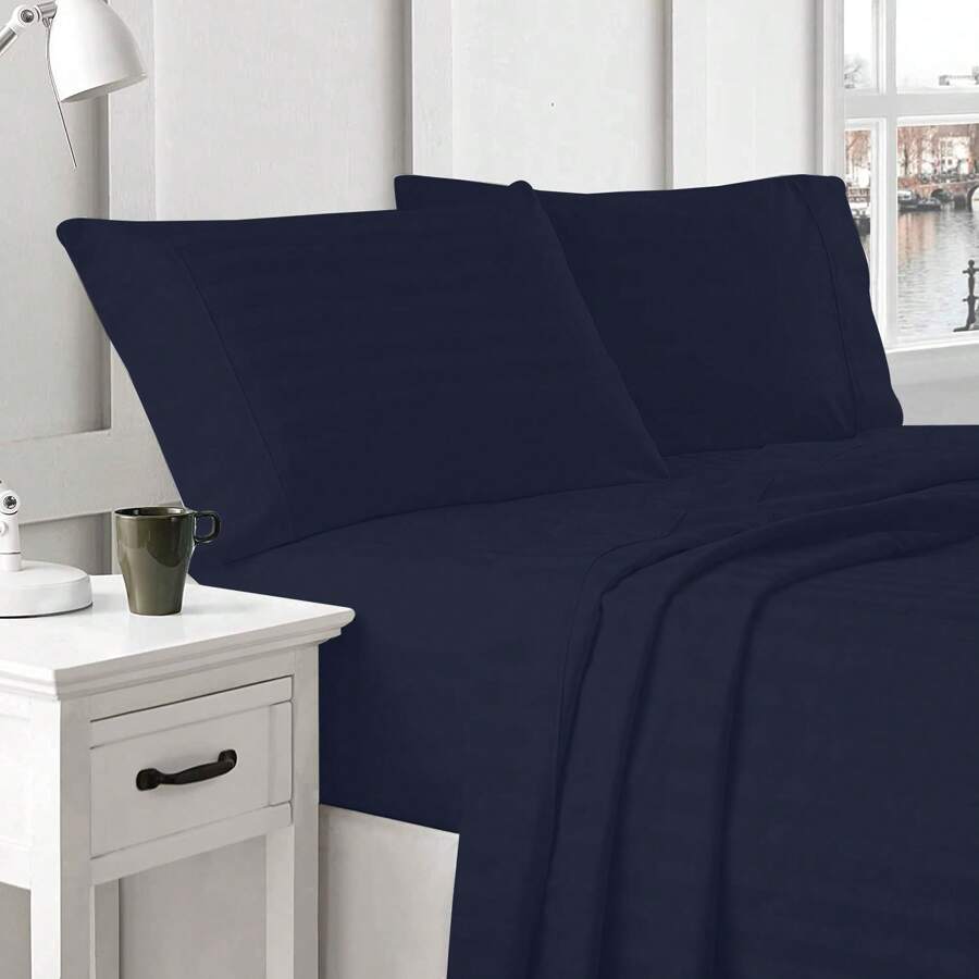 King Size Cotton Touch Sheet Set, Ideal For Valentine's Day Gifts - 藏蓝色 - 查看 1