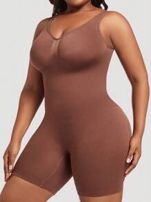 1pc Women Plus Size Seamless Shapewear Jumpsuit, Black Cinched Waist Bust-Lifting Tummy Control Overall Body Shaper