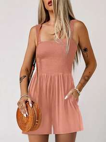 Acelitt Summer Women's Solid Color Square Neck Chest Cable Splicing Simple Casual Suspender Jumpsuit Shorts - Coral Pink - View 3