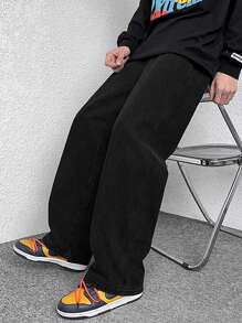 High-End Simple Versatile Straight Washed Jeans, With Drawstring Elastic Waist, Casual Pants For All Seasons - Black - View 3