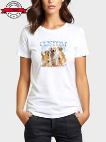 定制照片圆领 T 恤，定制情侣、家人、宠物、朋友的文字和照片，白色 T 恤，女式 T 恤，定制印花，舒适，春/夏服装，节日/情人节/派对礼物