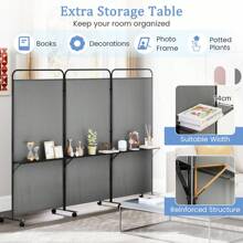 3-Panel Folding Room Divider 6FT/188cm Rolling Privacy Screen With Storage Shelves - Grey - View 4