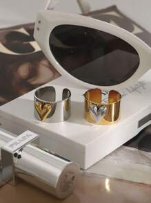 Minimalism Gold And Silver Color Large Heart Cocktail Ring Adjustable Y2k Heart Cuff Ring In Two-Tone Mixed Metals Jewelry - Gold - View 5