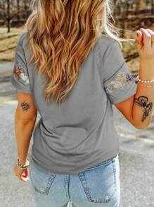 Acelitt Camiseta casual de mujer de manga corta con cuello redondo y bordado floral, para verano