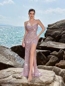 ADYCE Sequined Spaghetti Strap High Waist Front Slit Open Back Tie Strap Party Dress, Wedding Guest Dress, Formal Dress, Evening Dress - Dusty Pink - View 6