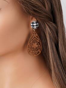 1 Pair Vintage Boho Style Wooden Carved Water Drop Pendant Earrings, Suitable For Daily Wear And Gatherings