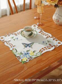 1pc Polyester Decorative Table Runner, Elegant Colorful Embroidery & Cutout Butterfly & Flower Pattern, Suitable For Kitchen, Dining Table, Room Decor, Dressing Table, Coffee Table, Book Desk, Anti-Hot Anti-Stain Table Mat, Home Decor, For Indoor Outdoor, Party, Wedding - Blue - View 3